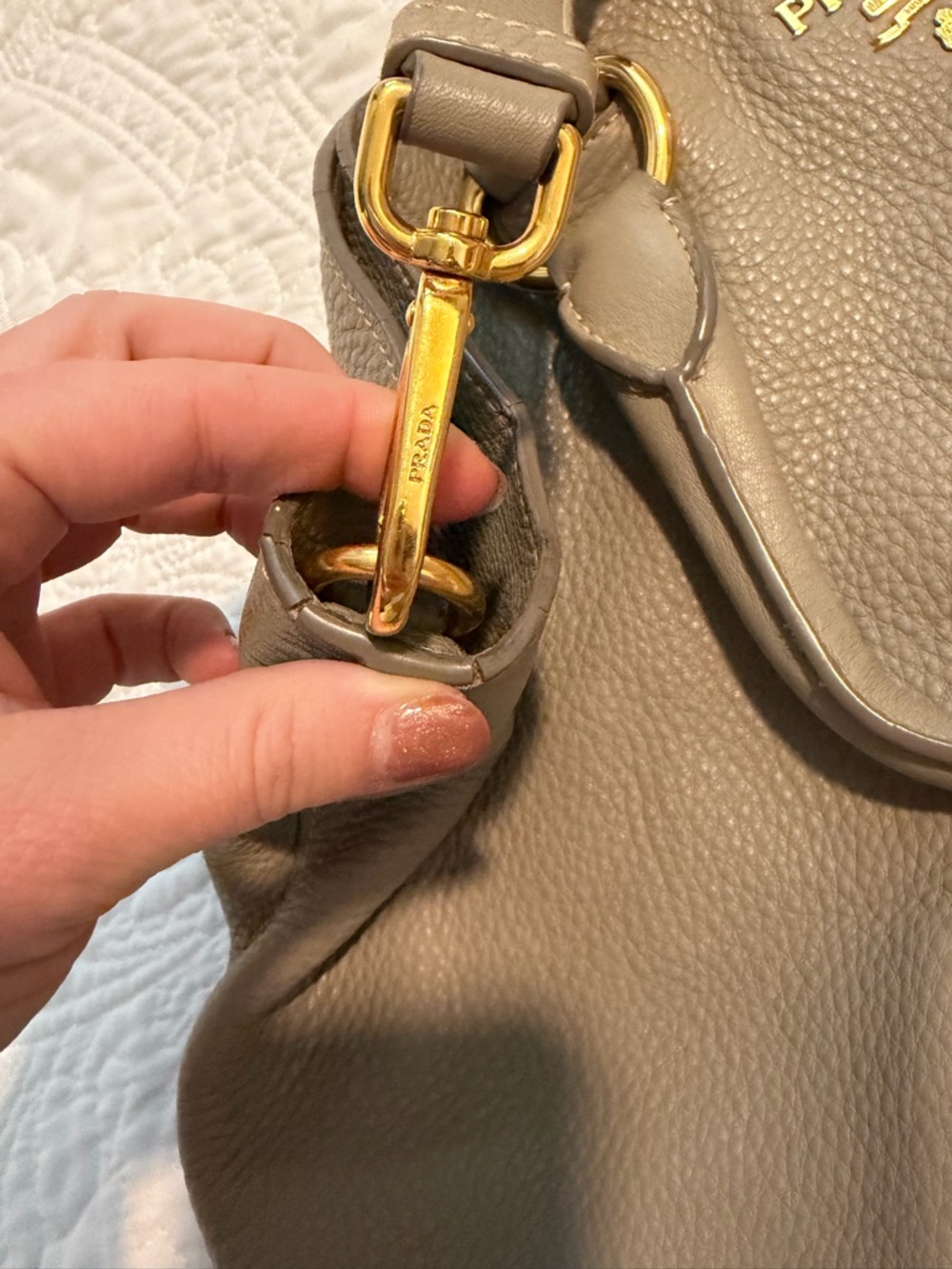 Prada Gray Taupe Pebbled Leather Tote with Gold Hardware - Picture 4 of 6